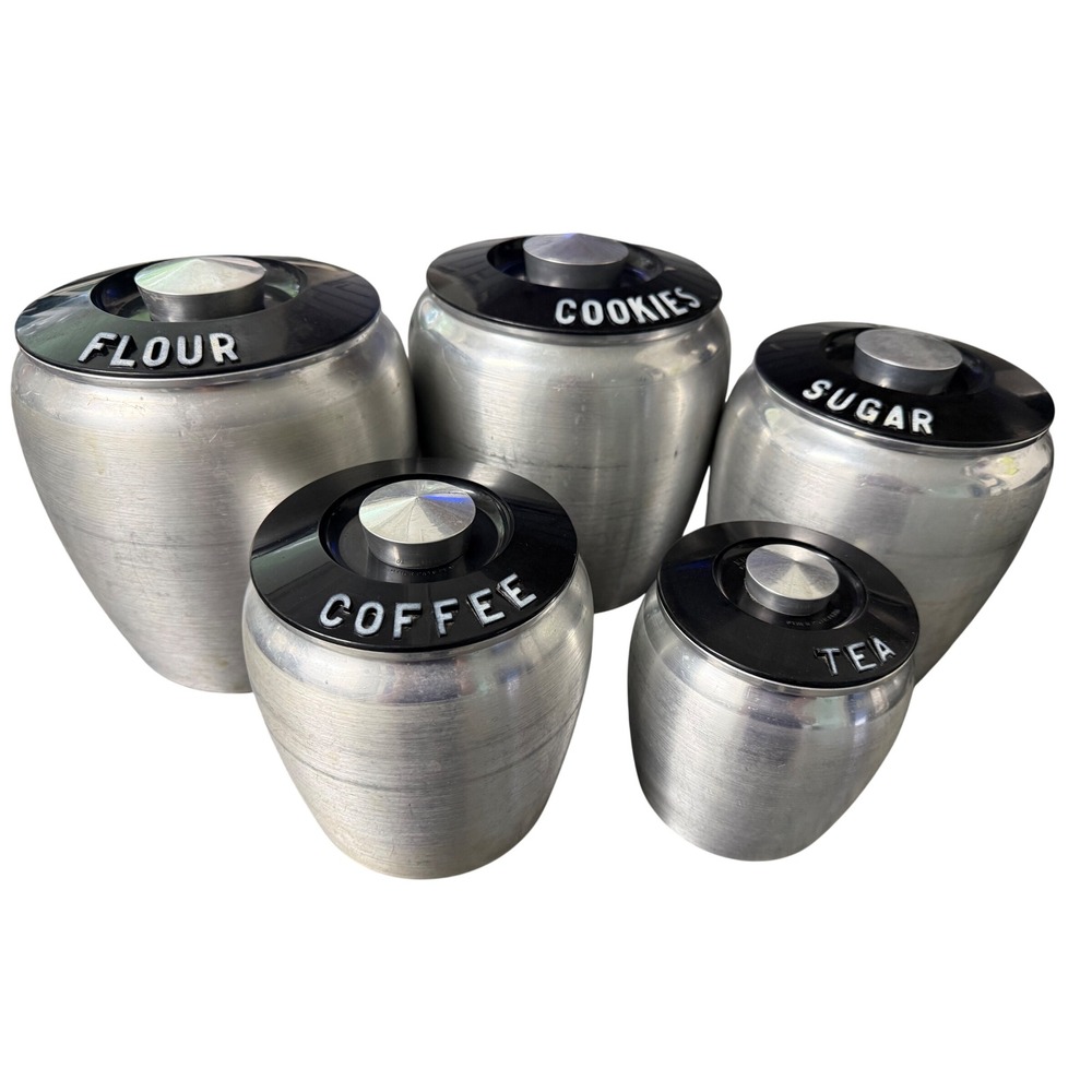 Vintage Kromex Spun Aluminum Canister Set 5pc Mid Century Modern Flour Sugar Tea